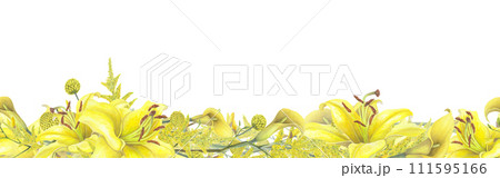 Lilies Yellow flower, calla lilies, craspedia seamless border isolated on white background. Watercolor hand drawn botanic illustration. Art design wedding invitation, greeting card, decoration graphic Lilies Yellow flower, calla lilies, craspedia seamless border isolated on white background. Watercolor hand drawn botanic illustration. Art design wedding invitation, greeting card, decoration graphic 111595166