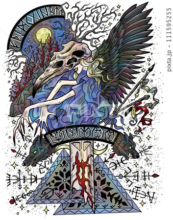 Fantasy engraved illustration with beautiful scandinavian woman as witch or magician isolated on white background. Hand drawn colorful graphic art with ethnic concept as poster or card.  111595255