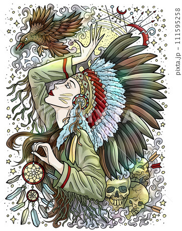 Fantasy engraved illustration with beautiful American Indian woman as witch or magician isolated on white background. Hand drawn colorful graphic art with ethnic concept as poster or card.  111595258