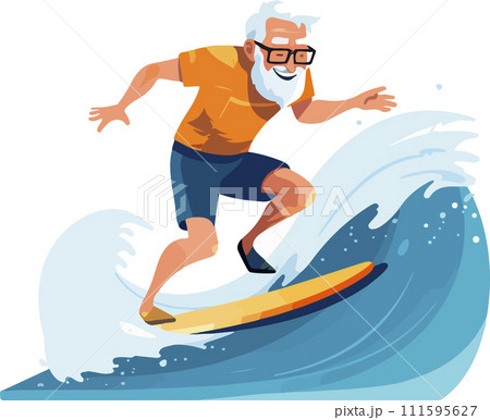 Vector flat style Illustration of an old man on surfboard, surfing waves, sporty retired retired old man, water sports, active lifestyle and body conscious fitness. 111595627