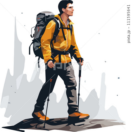 Hiker person hiking or trekking with backpack walking in mountain forest outdoor wilderness landscape, vector illustration in flat style. 111595641