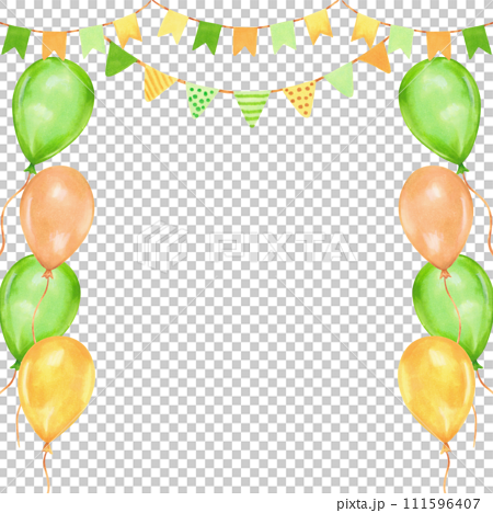 Square frame with balloons and garlands with space for text for St. Patrick's day or summer design etc.Watercolor and marker illustration.Hand drawn isolated banner.Background for party decoration. 111596407