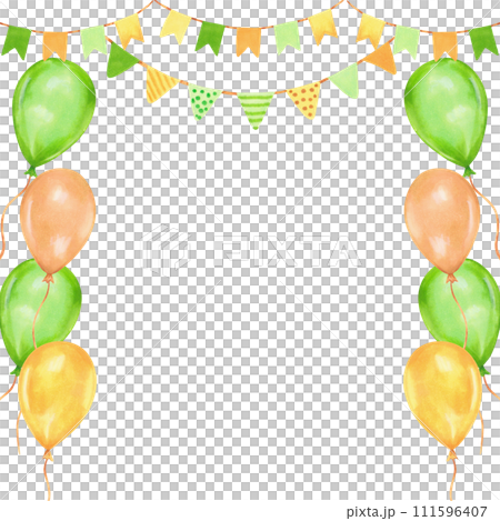 Square frame with balloons and garlands with space for text for St. Patrick's day or summer design etc.Watercolor and marker illustration.Hand drawn isolated banner.Background for party decoration. 111596407
