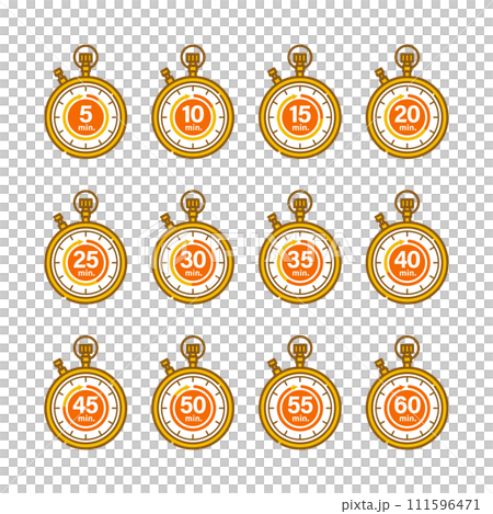 イラスト素材:金色のストップウォッチのアイコンセット(5分刻み) イラスト素材:金色のストップウォッチのアイコンセット(5分刻み) 111596471