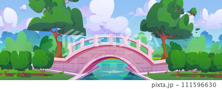 City public park with stone bridge over river 111596630