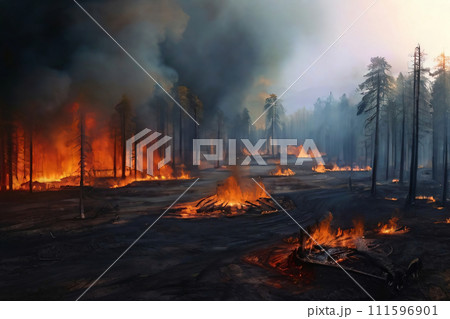 森林火災により黒く上がる煙 森林火災により黒く上がる煙 111596901