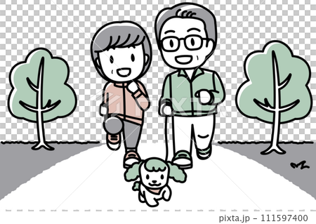 老夫婦和狗在公園散步 老夫婦和狗在公園散步 111597400