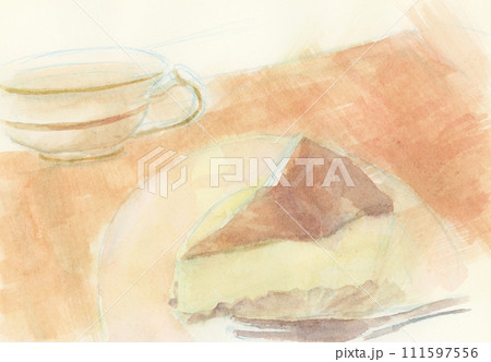 ティーカップとチーズケーキの水彩イラスト ティーカップとチーズケーキの水彩イラスト 111597556