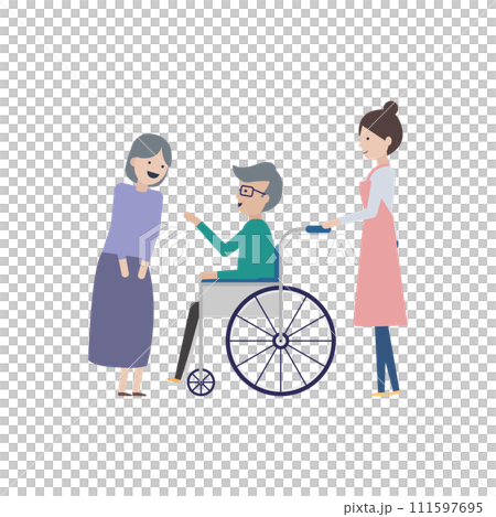 Smiling elderly couple, caregiver and wheelchair 111597695
