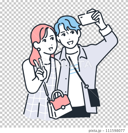 Simple vector illustration material of a couple taking a photo with a smartphone Simple vector illustration material of a couple taking a photo with a smartphone 111598077