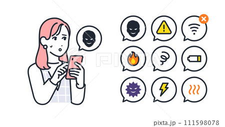 スマホトラブルと若い女性のシンプルなベクターアイコンイラストセット素材 スマホトラブルと若い女性のシンプルなベクターアイコンイラストセット素材 111598078