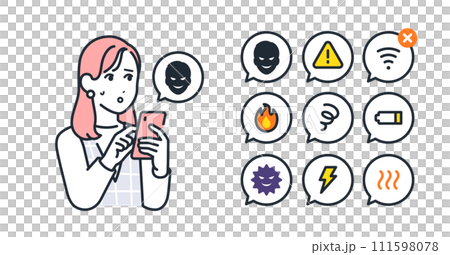 簡單的向量圖示插圖集智慧型手機故障和年輕女性的材料 111598078