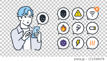 Simple vector icon illustration set material of smartphone trouble and young man Simple vector icon illustration set material of smartphone trouble and young man 111598079