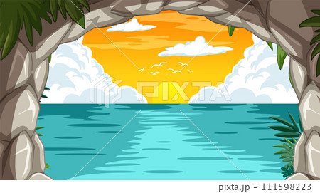 Sunset View from Tropical Cave Entrance 111598223