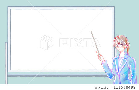 指し棒で指し示すビジネスパーソン　女性　ホワイトボード 111598498
