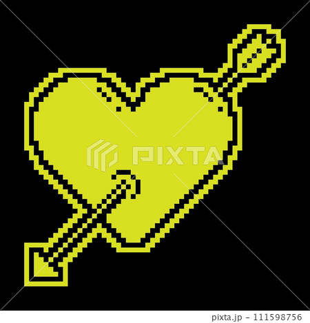 Pixel silhouette icon. Arrow pierced heart. Valentines day sivol, heart pierced by an arrow. Simple black and yellow vector isolated 111598756