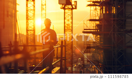AI-generated content. worker at multistorey building construction site, generative ai 111598785