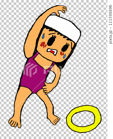 A girl in a swimsuit doing warm-up exercises before entering the sea A girl in a swimsuit doing warm-up exercises before entering the sea 111598896