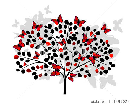 Tree with butterflies and hearts. hand drawing. Not AI, Vector illustration 111599025