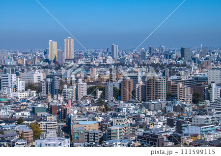 日本の東京都市景観 日暮里駅や駅前のタワーマンション群(左奥)などを望む 日本の東京都市景観 日暮里駅や駅前のタワーマンション群(左奥)などを望む 111599115