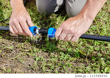 Assembling pipeline for drinking water and watering garden, parts of water supply system are connected with compression coupling fitting. Assembling pipeline for drinking water and watering garden, parts of water supply system are connected with compression coupling fitting. 111599350