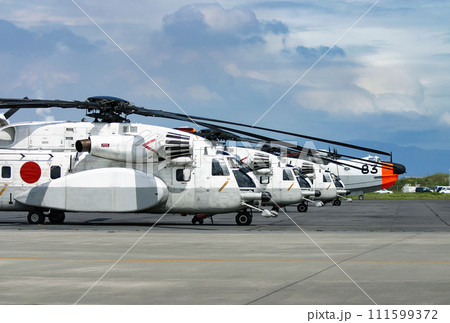 駐機する3機の海上自衛隊 掃海ヘリコプター MH-53E 111599372