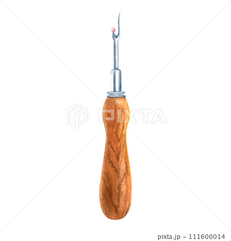 Seam ripper with wooden handle. Working tool for seamstress, dressmaker, designer. Hand drawn watercolor illustration isolated on white background. Use for poster, print, postcard, advertising 111600014