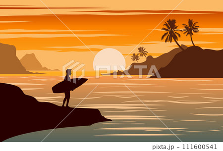 Nature scene of sea in summer,man hold surfboard near beach and wooden port 111600541