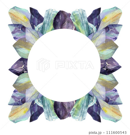 Hand drawn watercolor illustration precious jewel gem crystal chakra birth stone. Amethyst aquamarine moonstone lapis. Wreath frame isolated on white background. Design print, shop, jewelry, fashion 111600543