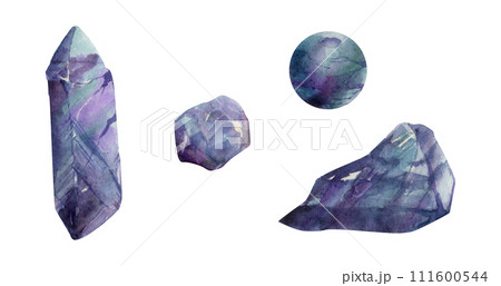 Hand drawn watercolor illustration precious semiprecious jewel gem crystal chakra birth stone. Amethyst fluorite purple. Set of objects isolated white background. Design print, shop, jewelry, fashion Hand drawn watercolor illustration precious semiprecious jewel gem crystal chakra birth stone. Amethyst fluorite purple. Set of objects isolated white background. Design print, shop, jewelry, fashion 111600544