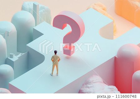 大きなクエスチョンマークと考え込む男性-1（3D） 111600748