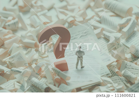 大きなクエスチョンマークと考え込む男性-3（3D） 111600821