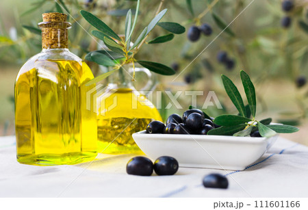 still life of olives and oil on a table against a background of olive trees still life of olives and oil on a table against a background of olive trees 111601166