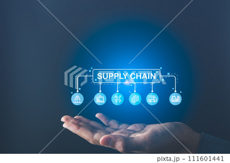 Businessman holding logistics and supply chain icons. Logistics and supply chain management concept. 111601441