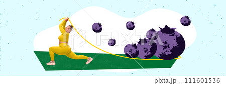 Banner. Contemporary art collage. Young chubby woman doing active exercises with fresh and healthy blueberries. Nutrition and sport. 111601536