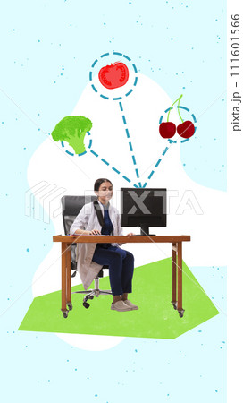 Contemporary art collage. Doctor at desk with computer, connected with dashed lines to floating tomato, broccoli, and cherries. Healthy lifestyle. 111601566