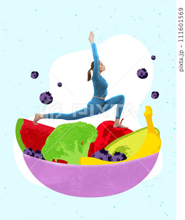 Modern aesthetic artwork. Fit, athletic woman stands in yoga pose on huge bowl with fruits and vegetables. Healthy lifestyle and balanced diet. 111601569