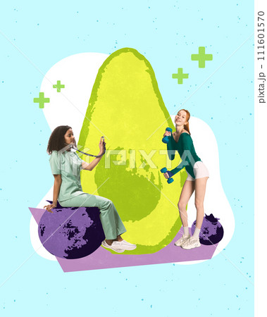 Contemporary art collage. Scientist analyzing green avocado slice and one athletic girl doing exercises with dumbbells. Healthy lifestyle and nutrition. 111601570