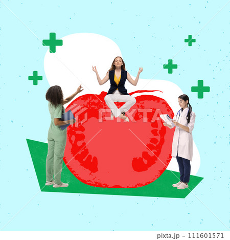 Modern aesthetic artwork. Girls in medical uniforms are examining a girl who is sitting on a large red slice of tomato. Balanced diet. 111601571