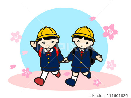 桜の中を歩く小学生の男の子と女の子 111601826