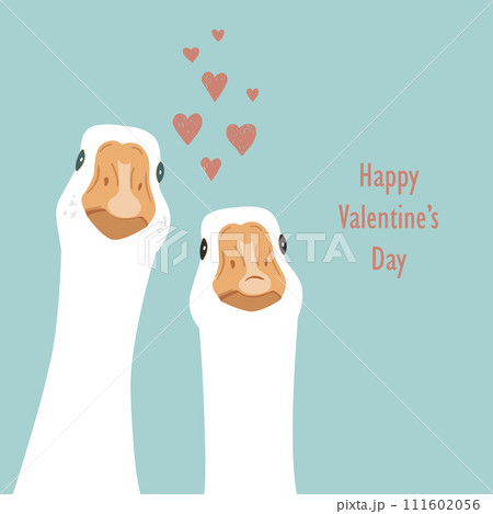 A couple of cute geese in love with heart cloud. Hand drawn goose vector illustration. 111602056