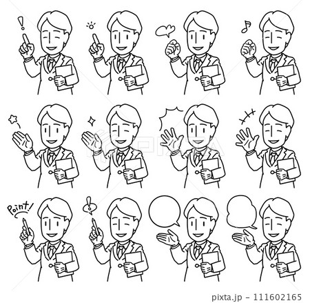 白い手袋をしてボードを持ちながら指で示したり手を添えたりしつつ説明するスーツを着た若い男性の線画 111602165