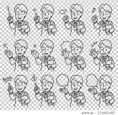 白い手袋をしてボードを持ちながら指で示したり手を添えたりしつつ説明するスーツを着た若い男性の線画 111602165