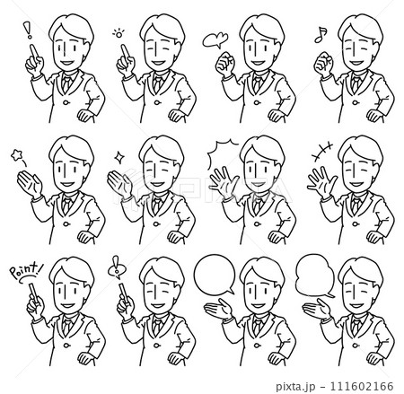 腰に手を添えながら手で何かを示したりガッツポーズをしつつ説明するスーツを着た若い男性の線画セット 腰に手を添えながら手で何かを示したりガッツポーズをしつつ説明するスーツを着た若い男性の線画セット 111602166