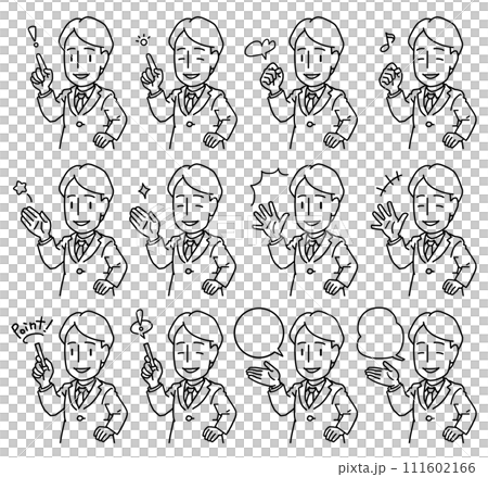腰に手を添えながら手で何かを示したりガッツポーズをしつつ説明するスーツを着た若い男性の線画セット 腰に手を添えながら手で何かを示したりガッツポーズをしつつ説明するスーツを着た若い男性の線画セット 111602166