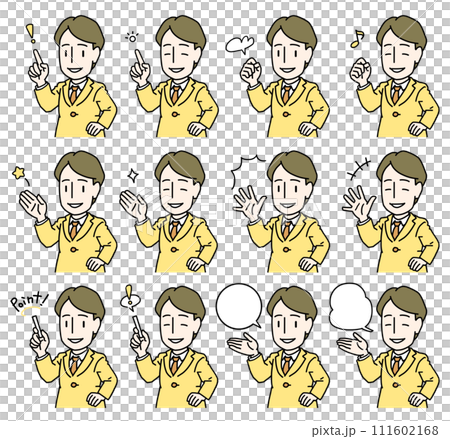 A yellow set of a young man wearing a suit who shows something with his hands while putting his hands on his waist and explaining while doing a fist pump. 111602168