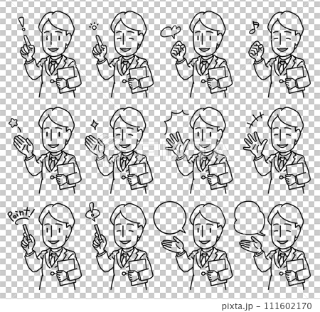 A line drawing of a young man wearing a suit holding a clipboard while pointing out points and giving explanations with his hands. 111602170