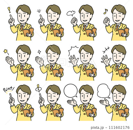 本を持ちながらポイントを示したり手を握りしめて鼓舞しながら解説するスーツを着た若い男性の黄色セット 111602176