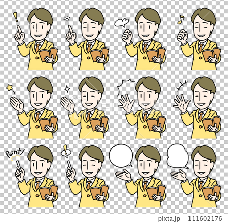 本を持ちながらポイントを示したり手を握りしめて鼓舞しながら解説するスーツを着た若い男性の黄色セット 111602176