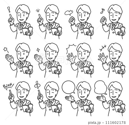 本を持ちながらポイントを示したり手を握りしめて鼓舞しながら解説するスーツを着た若い男性の線画セット 111602178